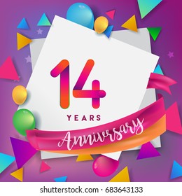 14th Years Anniversary Celebration Design, balloons and ribbon, Colorful design elements for banner, invitation, greeting card your fourteen birthday celebration party.