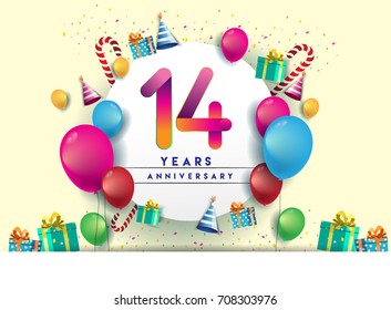 14th years Anniversary Celebration Design with balloons and gift box, Colorful design elements for banner and invitation card.