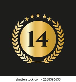 14th Years Anniversary Celebration Icon Vector Logo Design Template With Golden Concept