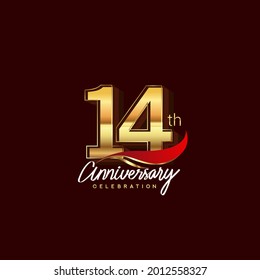 14th years anniversary celebration logotype. Anniversary logo with red feather and golden color isolated on elegant background, vector design for celebration, invitation card, and greeting card