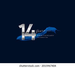 14th Years Anniversary celebration logotype silver colored with blue ribbon and isolated on dark blue background