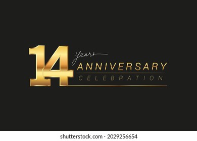 14th years anniversary celebration logotype. Anniversary logo with golden and silver color isolated on black background, vector design for celebration, invitation card, and greeting card.