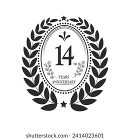 14th Years Anniversary celebration. Vector Template festive illustration Golden Color,. Birthday or wedding party event decoration.