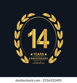 14th Years Anniversary celebration. Vector Template festive illustration Golden Color,. Birthday or wedding party event decoration.