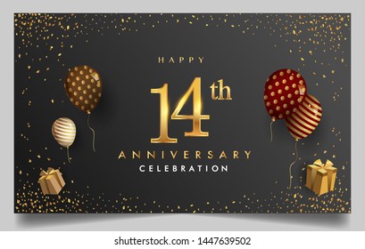 14th years anniversary design for greeting cards and invitation, with balloon, confetti and gift box, elegant design with gold and dark color, design template for birthday celebration.