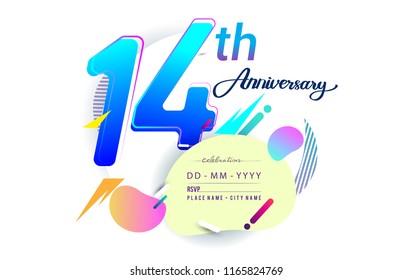 14th years anniversary logo, vector design birthday celebration with colorful geometric background, isolated on white background.