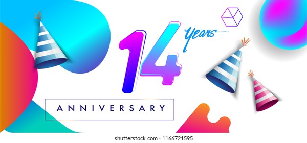 14th years anniversary logo, vector design birthday celebration with colorful geometric background and futuristic elements