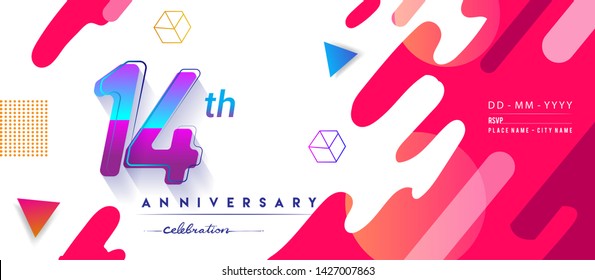 14th years anniversary logo, vector design birthday celebration with colorful geometric background and circles shape.