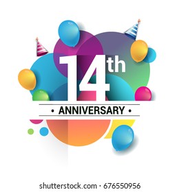 14th years anniversary logo, vector design birthday celebration with colorful geometric, Circles and balloons isolated on white background.