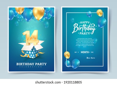 14th years birthday vector invitation double card. Fourteen years anniversary celebration brochure. Template of invitational for print on blue background