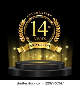 14th years golden anniversary logo celebration with ring ribbon and 3d podium. isolated on black background
