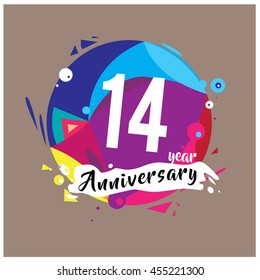 14th years greeting card anniversary with colorful number and frame. logo and icon with circle badge and background