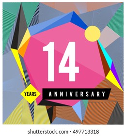 14th years greeting card anniversary with colorful number and frame. logo and icon with Memphis style cover and design template