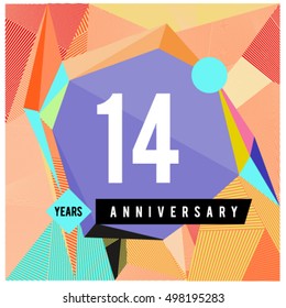 14th years greeting card anniversary with colorful number and frame. logo and icon with Memphis style cover and design template