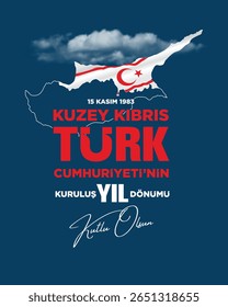 15 Kasım 1983, Kuzey Kıbrıs Türk Cumhuriyetinin Kuruluş Yıl Dönümü. Traduzido: 15 de novembro de 1983, Feliz Aniversário da Fundação da República Turca de Chipre do Norte. Design do cartaz.