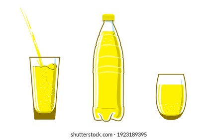1.5, 2 liter bottle, plastic water flask. Filled with yellow liquid. Full glasses stand nearby. Water is poured into one cup. Items are isolated on a white background