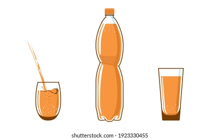 Frasco de 1,5, 2 litros, matraz de agua de plástico. Llenado de líquido naranja. Gafas completas cerca. El agua se vierte en una taza. Los elementos están aislados en un fondo blanco