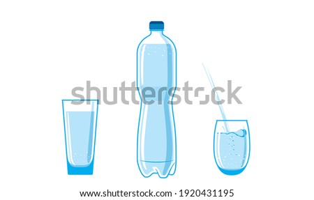 1.5, 2 liter bottle, plastic water flask. Filled with liquid. Full glasses stand nearby. Water is poured into one cup. Items are isolated on a white background
