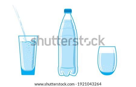 1.5, 2 liter bottle, plastic water flask. Filled with liquid. Full glasses stand nearby. Water is poured into one cup. Items are isolated on a white background