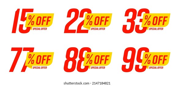 15, 22, 33, 77, 88, 99 percent off sale. Discount sticker, product badge or shop price clearance promotion design element vector illustration isolated on white background