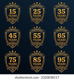 15, 25, 35, 45, 55, 65, 75, 85, 95 years anniversary icon or logo set. Yubilee celebration, company birthday golden badge or label. Vintage banners with shield and ribbon. Vector illustration.