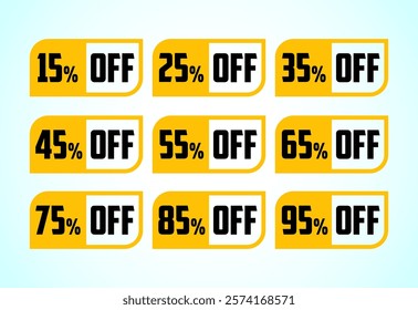 Up to 15, 25, 35, 45, 55, 65, 75, 85, and 95 percent off, Sale tags set. Sale offer sign. Special offer symbol. Discount promotion