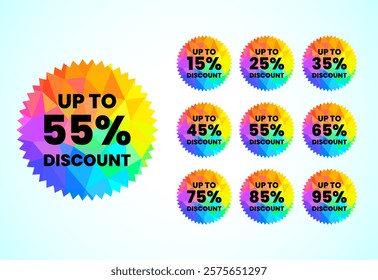 Up to 15, 25, 35, 45, 55, 65, 75, 85, and 95 percent discount, Sale tags set. Sale offer sign. Special offer symbol. Discount promotion