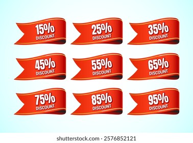 15, 25, 35, 45, 55, 65, 75, 85, and 95 percent discount, Sale tags set. Sale offer sign. Special offer symbol. Discount promotion