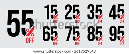15%, 25%, 35%, 45%, 55%, 65%, 75%, 85%, 95% Discount. Sale tags set vector badges template. Sale offer price sign. Special offer symbol. Discount promotion. Discount badge shape. Vector design