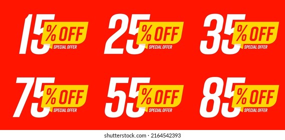 15, 25, 35, 55, 75, 85 por ciento de oferta especial. Ilustración vectorial del elemento de diseño de cupones, cupones o banners de la compensación y la reducción de precios aislados en el fondo rojo