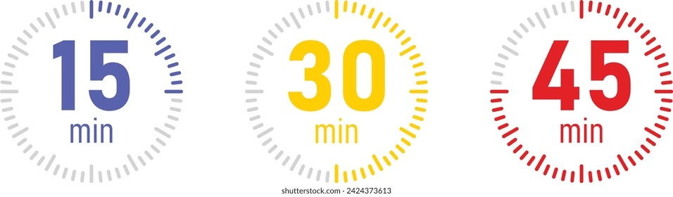 The 15, 30 and 45 minutes, stopwatch vector icon. Stopwatch icon in blue, yellow and red flat style, 15, 30, 45 minutes timer on on color background. Vector illustration