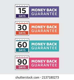15 30 60 90 days money back guarantee square in purple orange blue and pink color vector