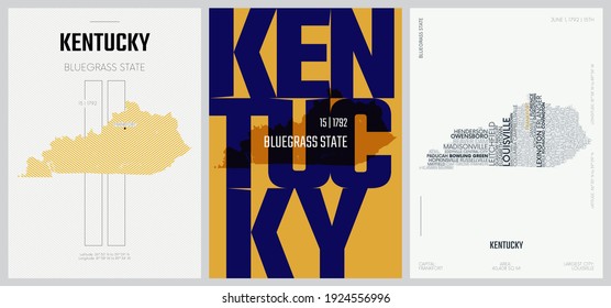 15 of 50 sets, US State Posters with name and Information in 3 Design Styles, Detailed vector art print Kentucky map