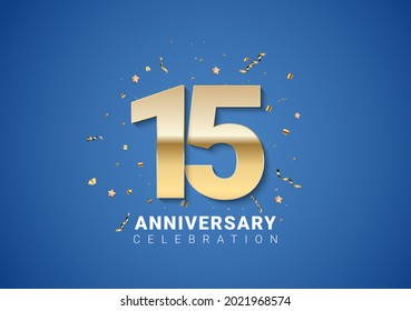 15 anniversary background with golden numbers, confetti, stars on bright blue background. Vector Illustration EPS10