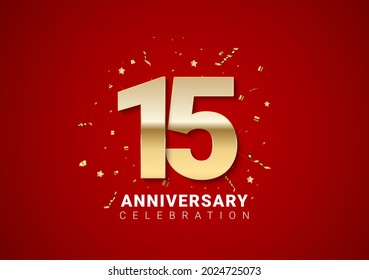 15 anniversary background with golden numbers, confetti, stars on bright red holiday background. Vector Illustration EPS10