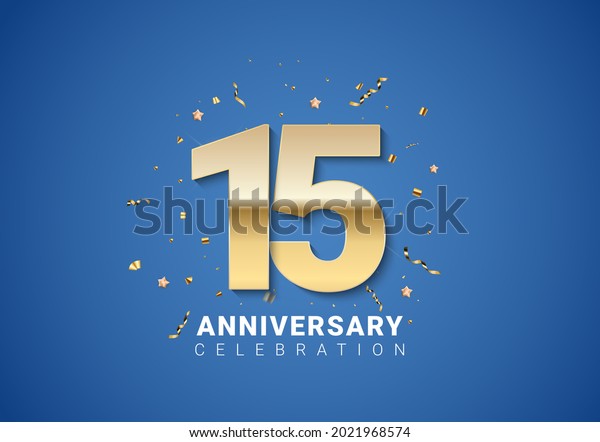 15\
anniversary background with golden numbers, confetti, stars on\
bright blue background. Vector Illustration\
EPS10