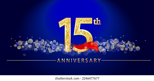 15 anniversary celebration. 15th anniversary celebration. 15 year anniversary celebration logo with glitter, confetti, red ribbon and blue background.