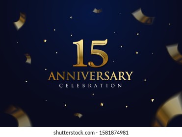  15 Anniversary celebration design on luxury royal blue background with stars, glitters and streamer ribbons. Vector festive illustration. Birthday or wedding party event decoration.