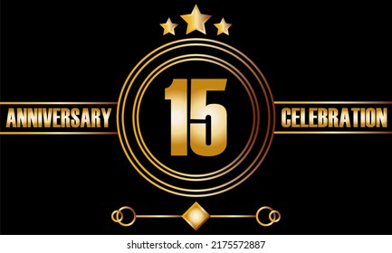 15 anniversary celebration. Fifteen years birthday celebration banner with bright gold color.