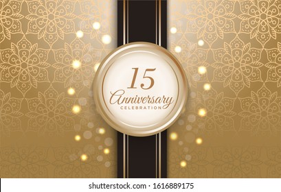 15 Anniversary celebration with luxury golden circle frame on the ribbon and pattern background.