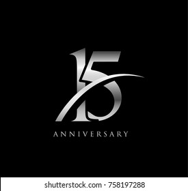 15 anniversary elegance silver logo. linked number with swoosh on black background