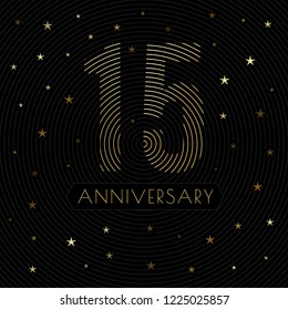 15 anniversary emblem in retro line art style with golden starry decorations on the dark background