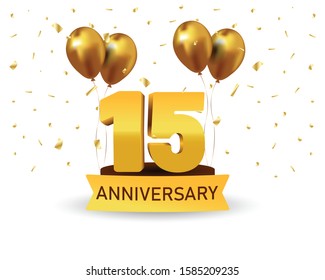 15 Anniversary gold numbers with golden confetti. Celebration anniversary event party template.