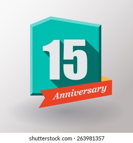 15 Anniversary   label with ribbon. Flat design.