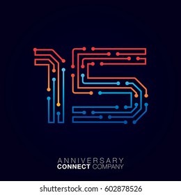 15 Anniversary, Letter fifteen logotype orange and blue color,Technology and digital abstract dot connection company vector logo