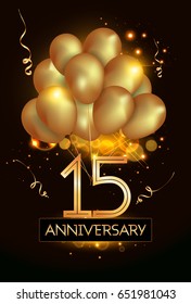 15 Anniversary Logo Celebration with Golden balloon and confetti, Isolated on dark Background