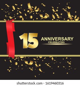 15 anniversary logo with confetti golden colored and red ribbon isolated on black background, vector design for greeting card and invitation card