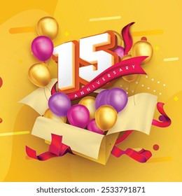 Plantilla del logotipo del 15 aniversario en una caja de regalo con un fondo amarillo y globos. Celebración del 15 aniversario con una cinta roja y globos. Concepto de caja de regalo para una tarjeta de invitación de aniversario.