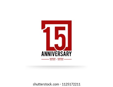 15 Anniversary logotype, simple red colored font number inside square isolated on white background