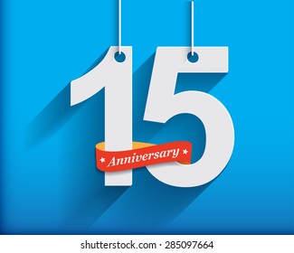 15 Anniversary numbers with ribbon. Flat origami style with long shadow. Vector illustration